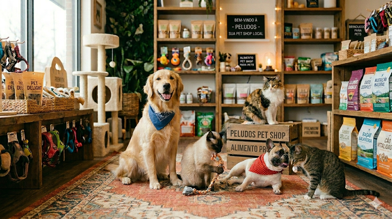 Interior da Peludos Pet Shop com cachorro golden retriever, gato siamês, bulldog francês e gato tigrado entre produtos e prateleiras